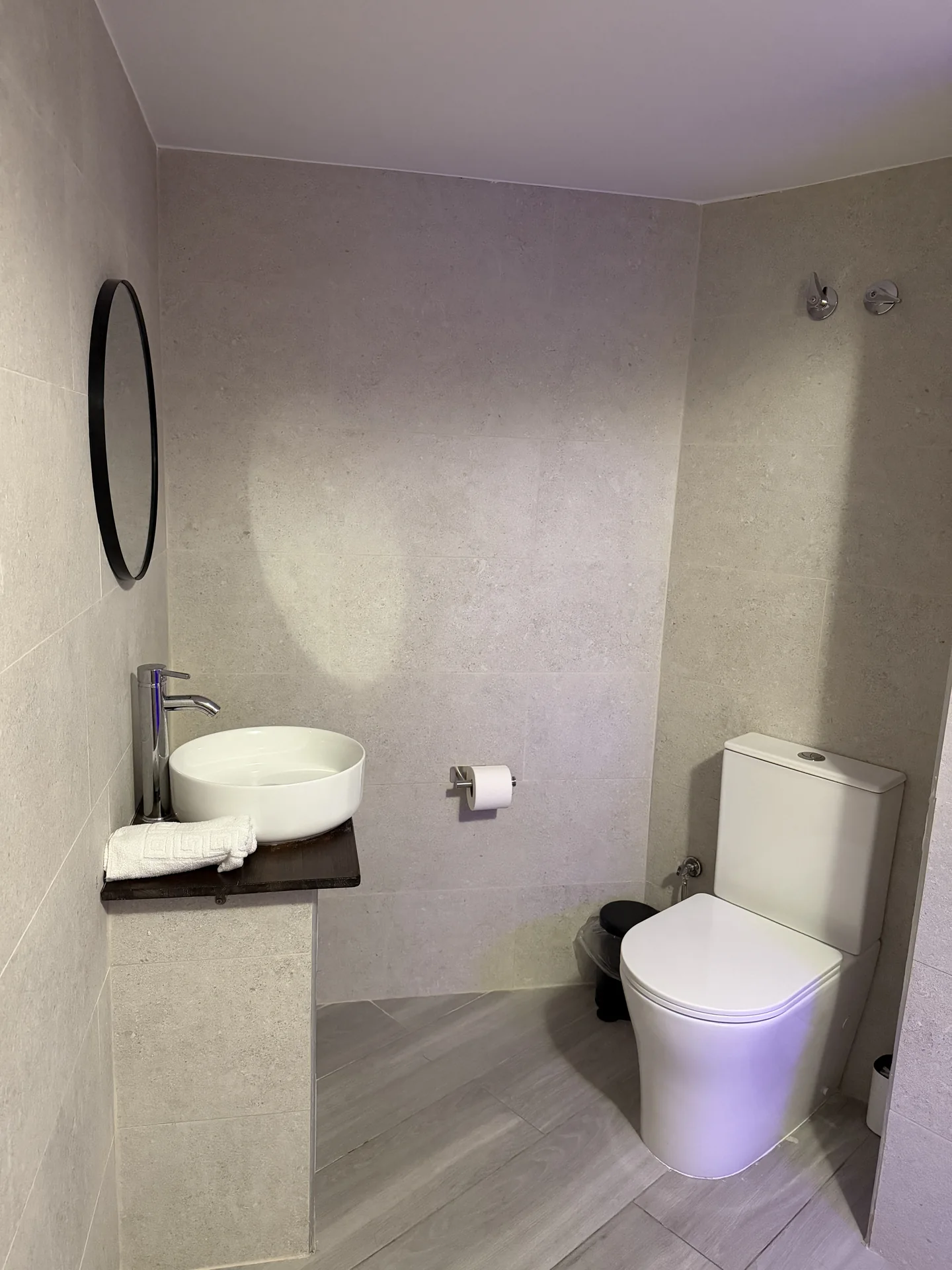 Baño con lavabo, espejo redondo e inodoro
